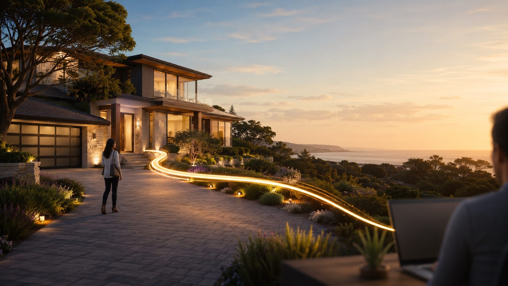A buyer approaches a modern coastal home at golden hour while a warm light path carries the opportunity toward an agent.